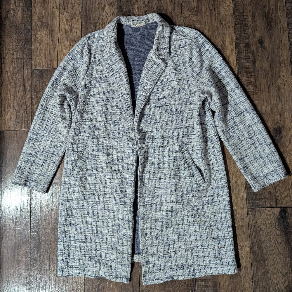 Mello Day Womens Plus Heathered Blue & Gray Tweed Lab Coat Blazer Pockets Sz XL